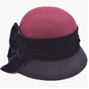 Two Tone Cloche Hat With Velvet Bow