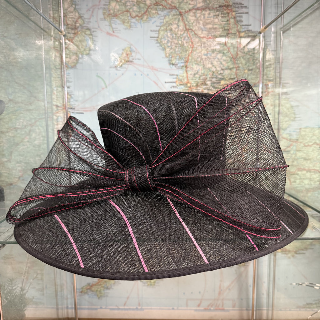 Lucinda Large Black Pink Stripe Sinamay Hat