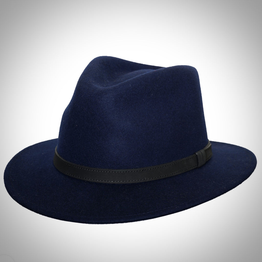 Huw Navy Wool Fedora Leather band