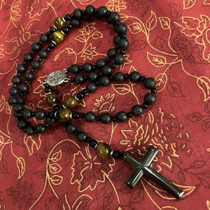 Long Beaded Rosary Necklace with Obsidian Cross