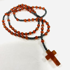 Long Carnelian Beaded Rosary Cross Necklace