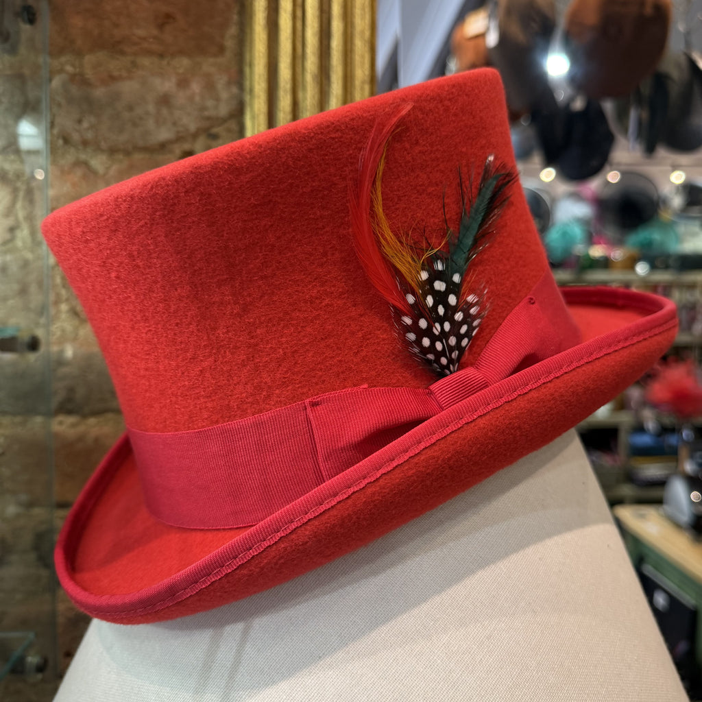 Tobias Red Wool Felt Top Hat With Feather