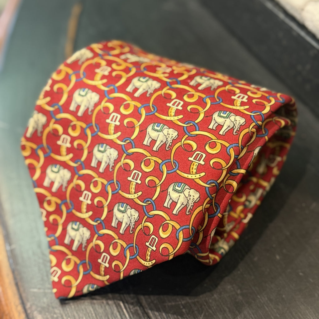 Silk Tie By Benjamin James - Elephants Red
