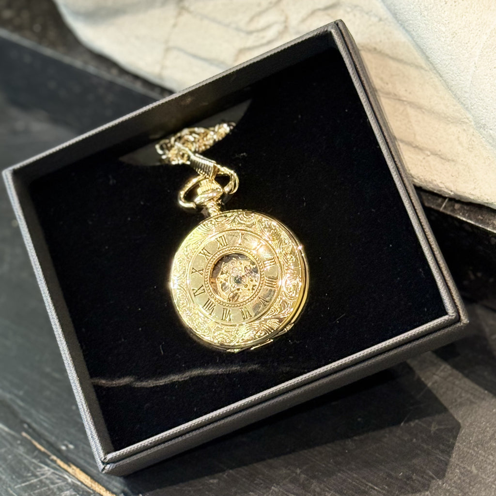 Gold Patterned Half Hunter Pocket Watch on Chain