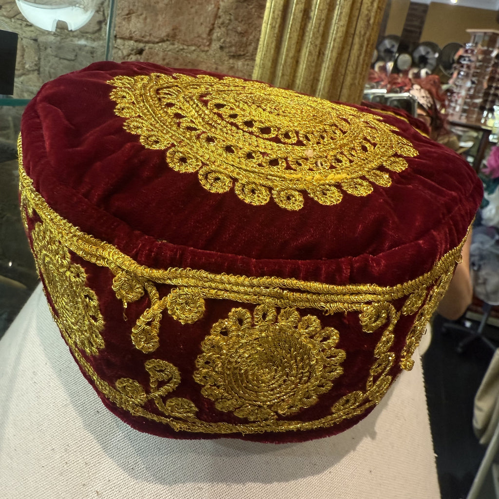 Burgundy Velvet Cap With Gold Embroidery