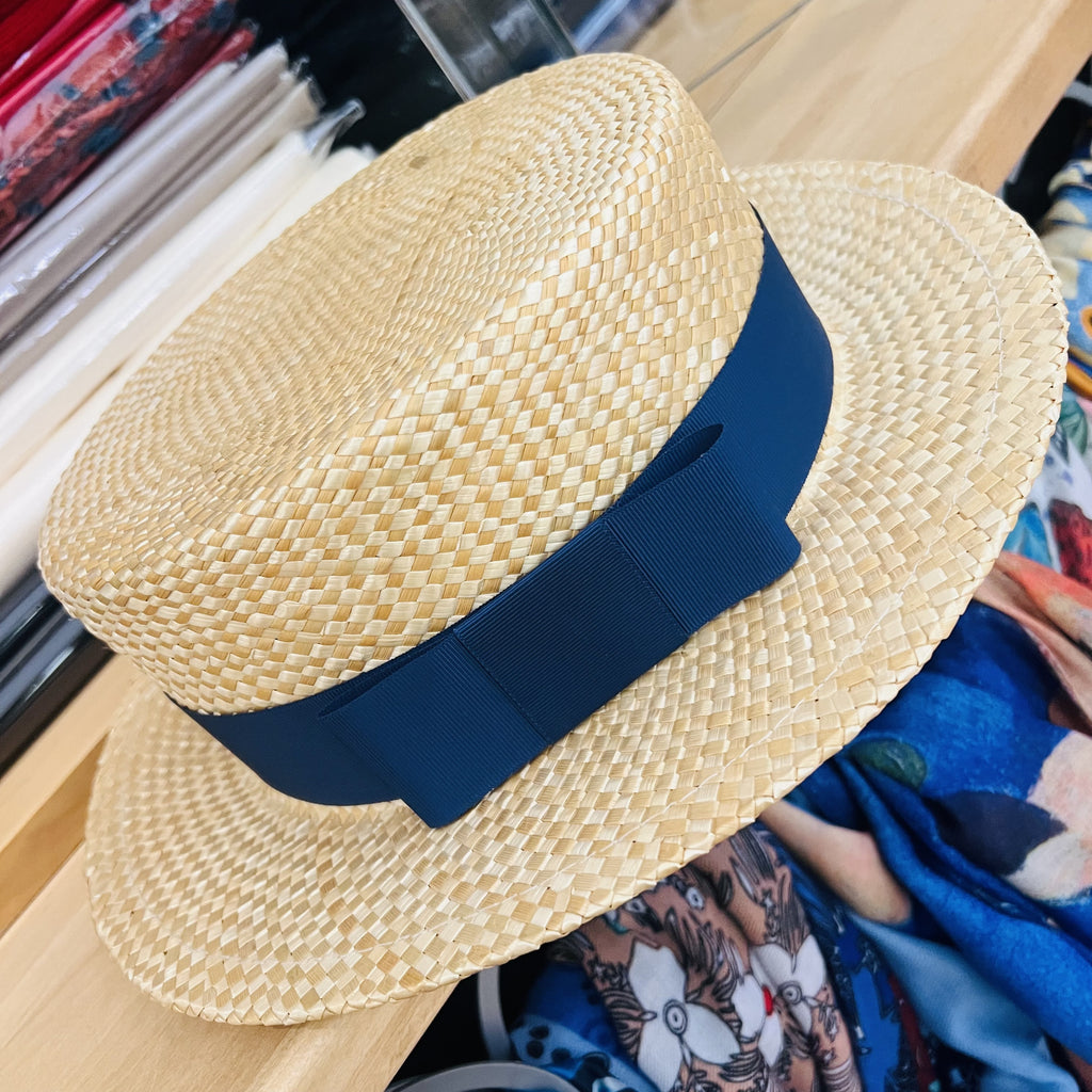 Straw Boater With Blue Grosgrain Band