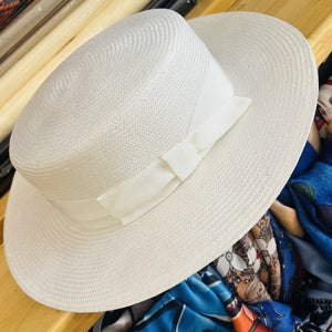 White Straw Boater With White Grosgrain Band