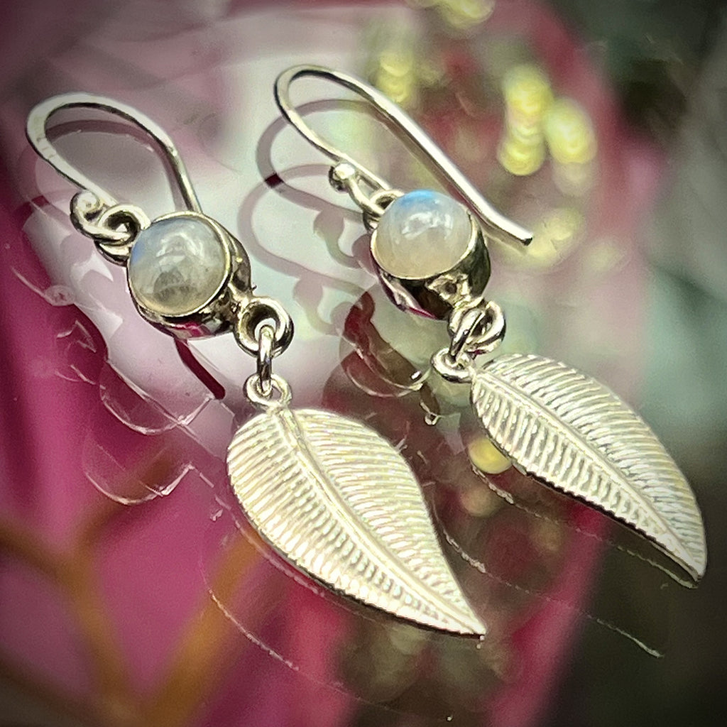 Rainbow Moonstone Feather Earrings