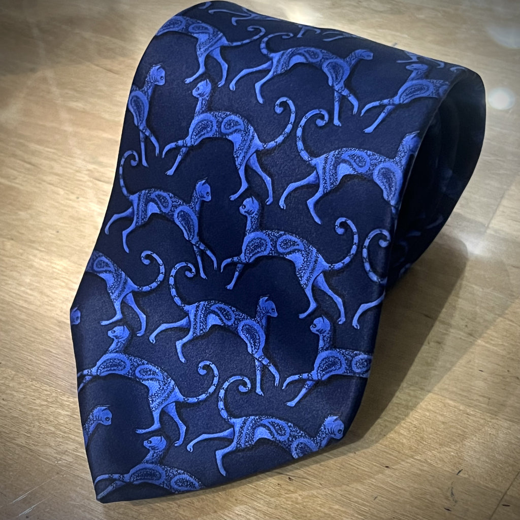Silk Tie - Navy Ground With Blue Cats