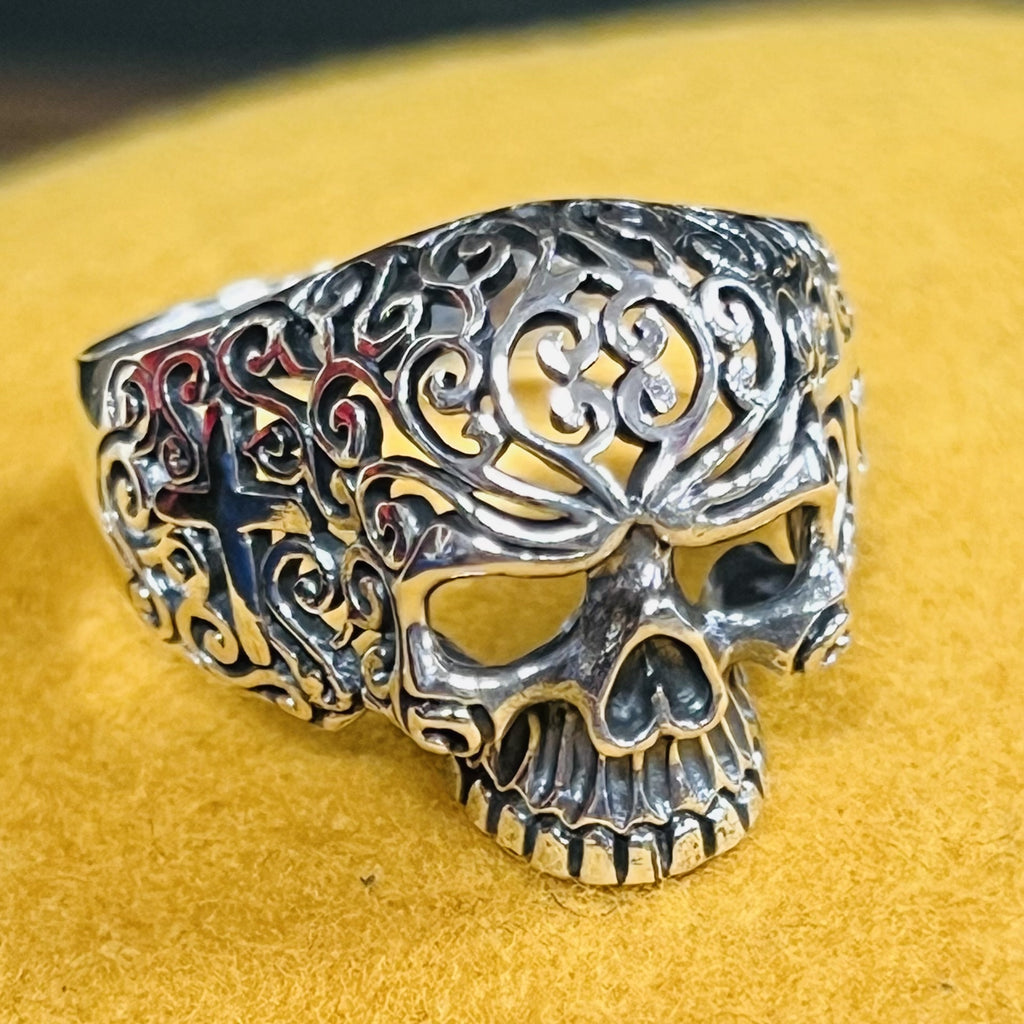 925 Sterling Silver Decorative Skull Ring With Cross