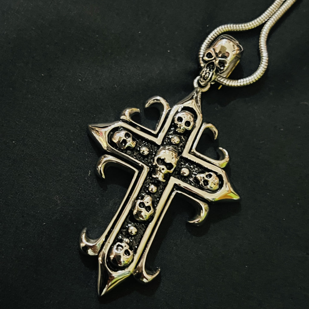 Large Stainless Steel Cross With Skulls