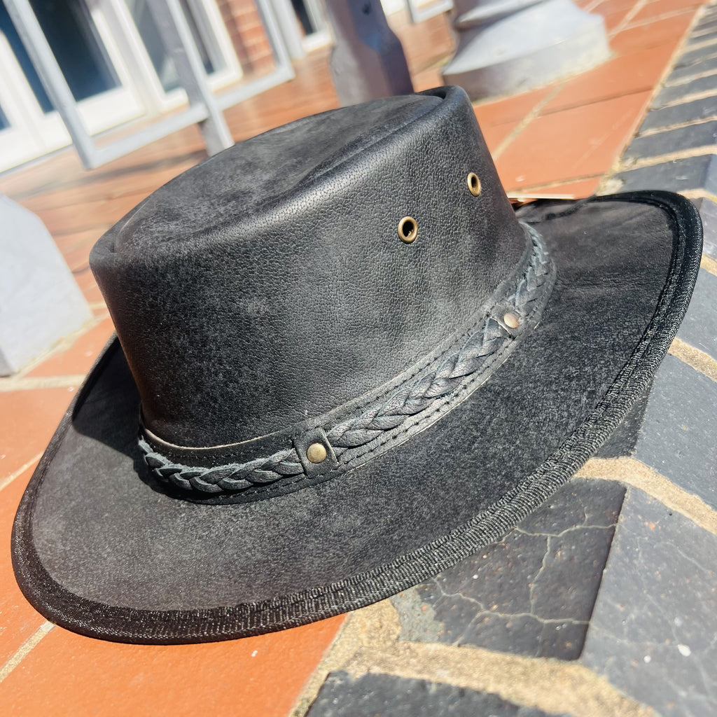 Black Genuine Leather Western Fedora Hat