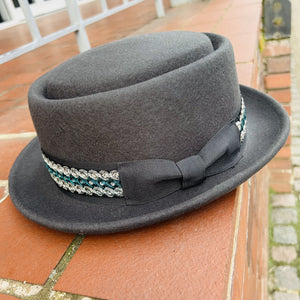 A Unique Grey Pork Pie Hat Fancy Band