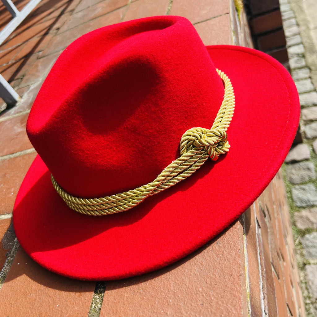 Unique Red Fedora with Custom Gold Rope Band