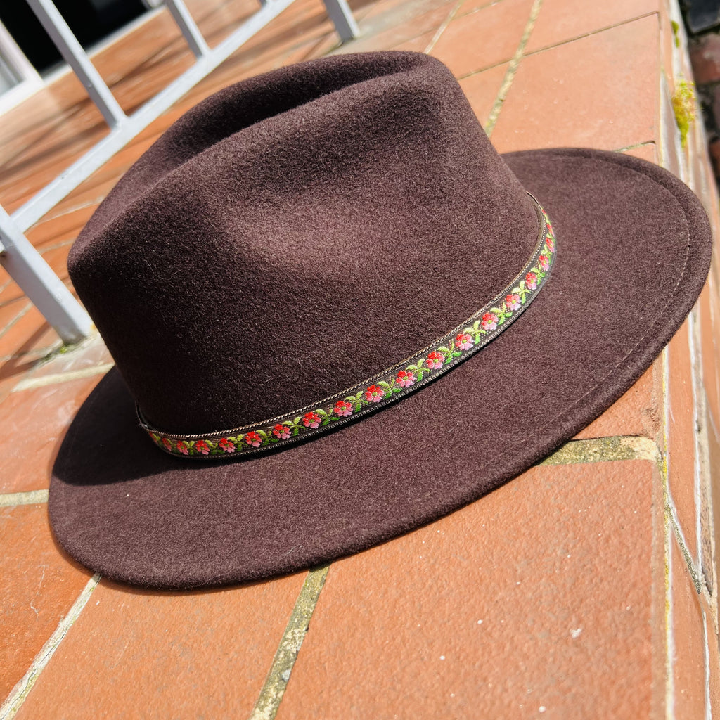 Unique Brown Fedora with Custom Floral Band