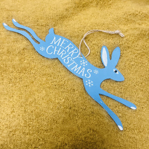 Metal Blue Hare Merry Christmas Hanger