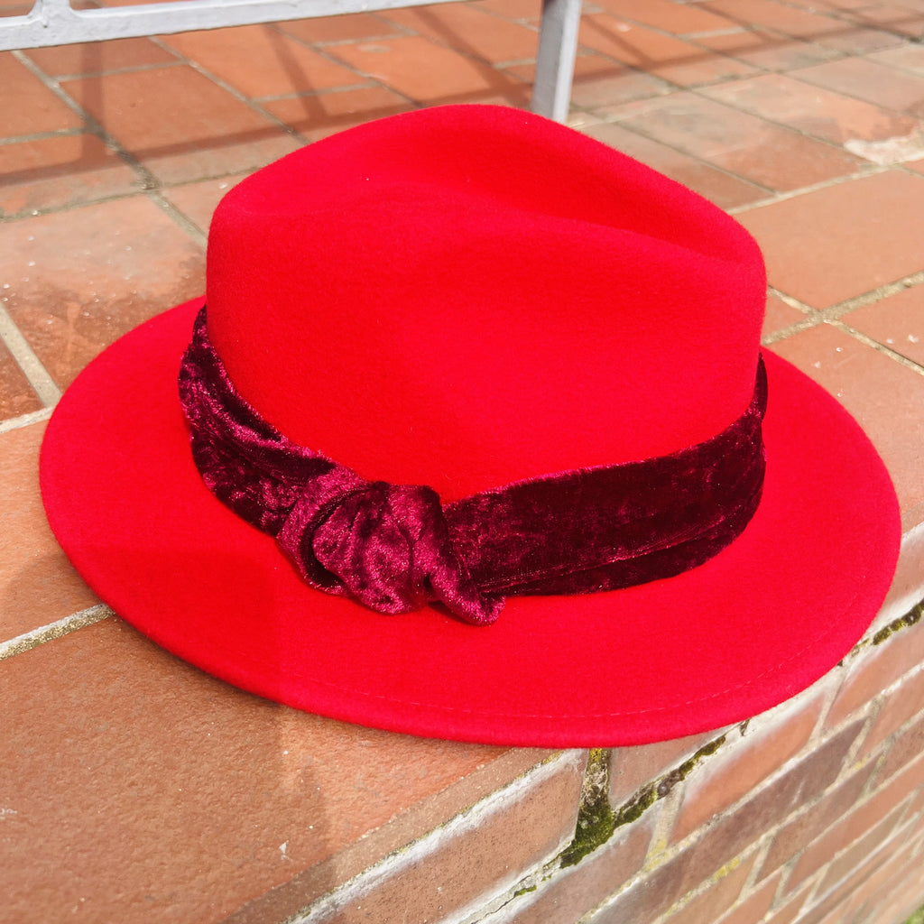 Unique Red Fedora Hat with Custom Band
