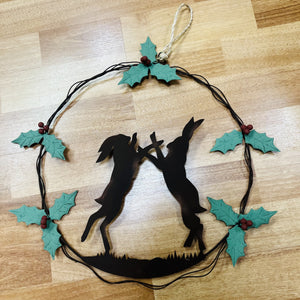 Metal Holly Weath With Boxing Hares