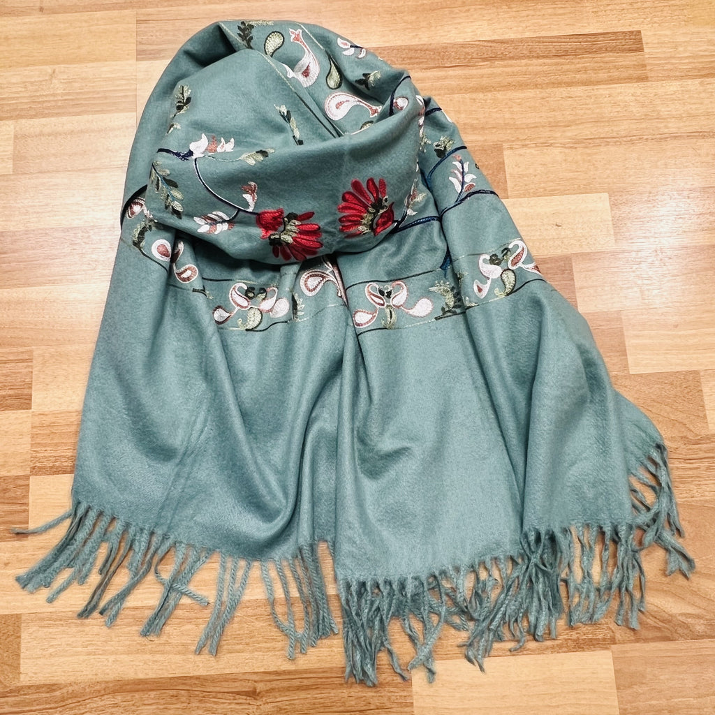 Fiona Embroidered Floral Paisley Wool Tassel Scarf