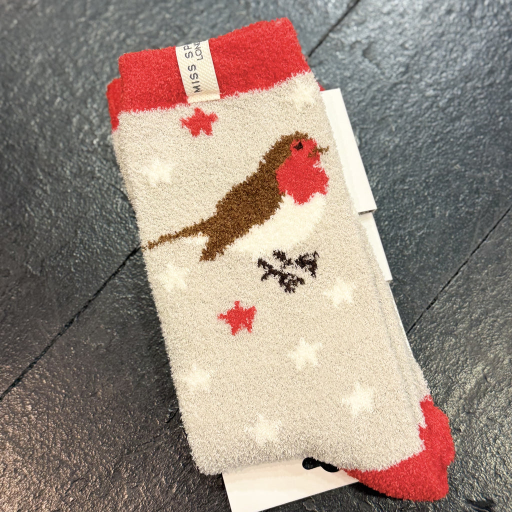 Ladies Fluffy Socks - Festive Robins
