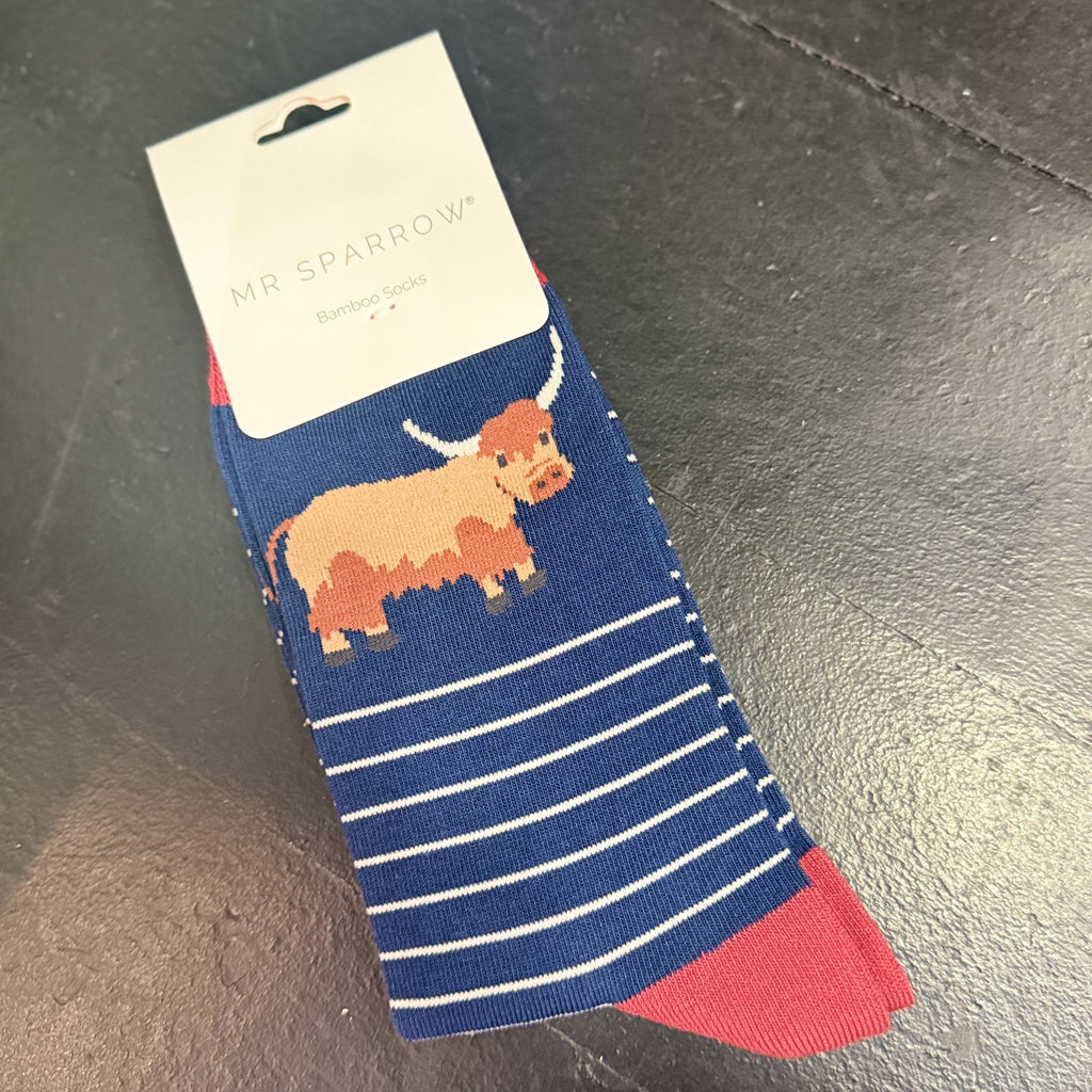 Mr. Sparrow Mens Socks - Highland Cow & Stripes