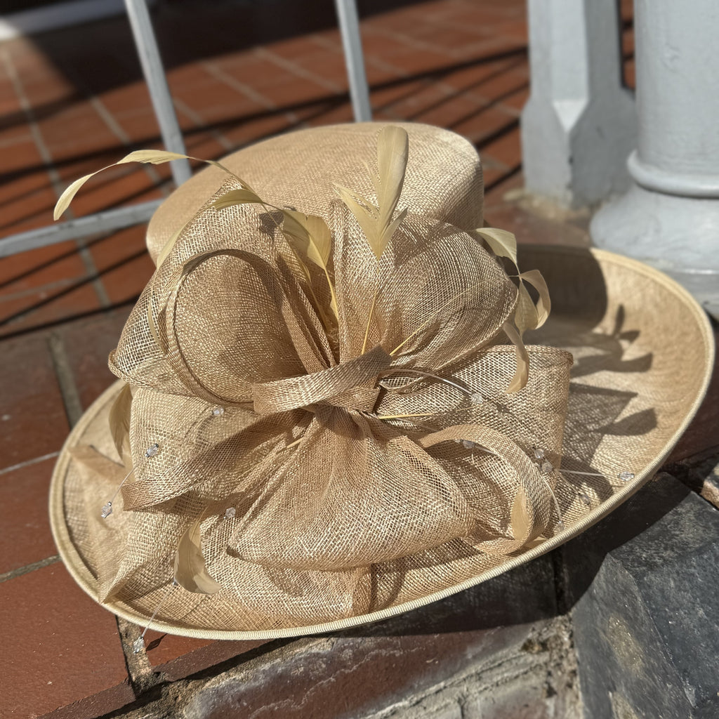 Miranda Wide Brim Gold Sinemay Hat With Bow