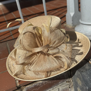 Miranda Wide Brim Gold Sinemay Hat With Bow