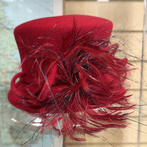 Zoe Red Wool Cloche Hat With Feathers