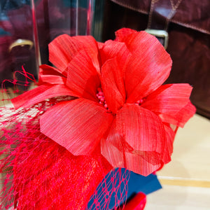 Vermilion Sinamay Netted Headband With Flowers
