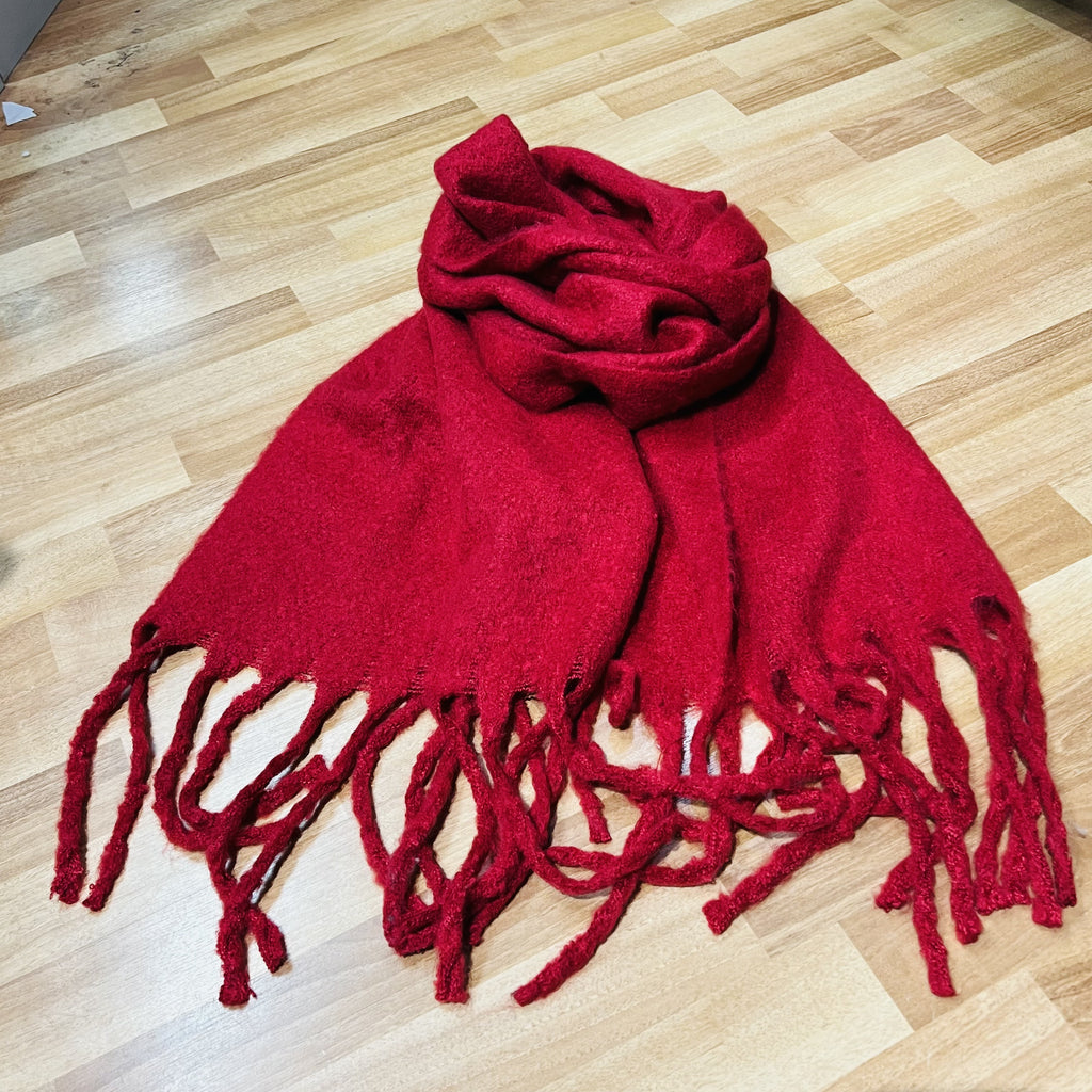 Cosy Long Fringed Red Scarf