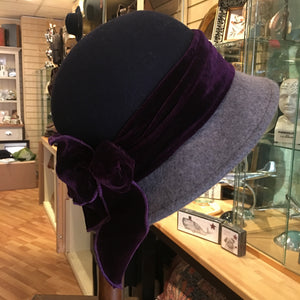 Two Tone Wool Cloche Hat with Velvet Band