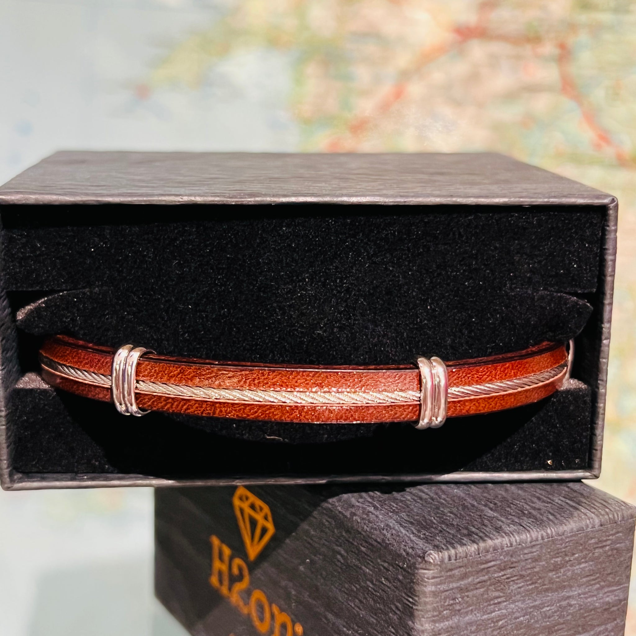 Brown Leather Bracelet with Central Steel Cable