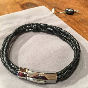 Black Leather Platted Band Braclet