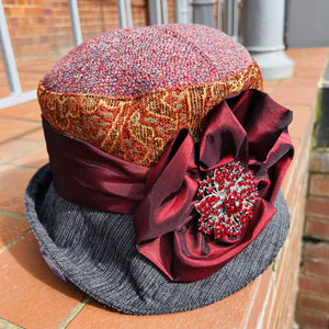 Jeanette Tapestry Cloche With Sash Red Flower Brooch