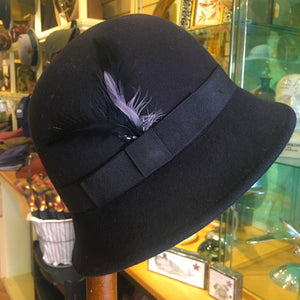 Soft Black Cloche Hat Ribbon and Feather