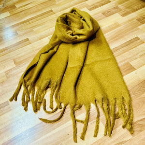 Cosy Long Fringed Mustard Scarf