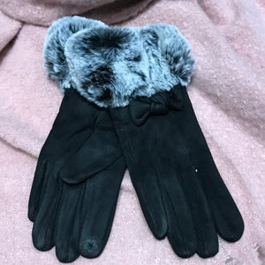 Suedette Fur Trimmed Gloves with Bow