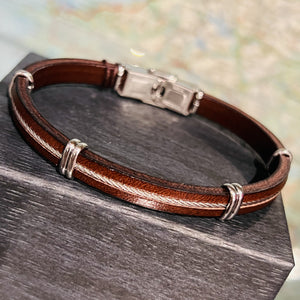 Brown Leather Bracelet with Central Steel Cable