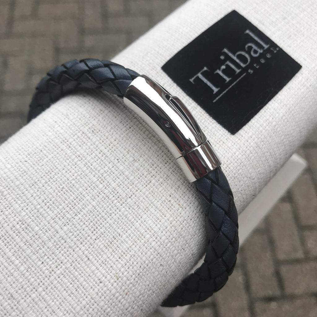 Bracelet Blue thick plaited leather 