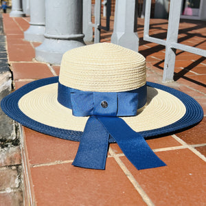 Wide Brim Straw Hat With Navy Bow