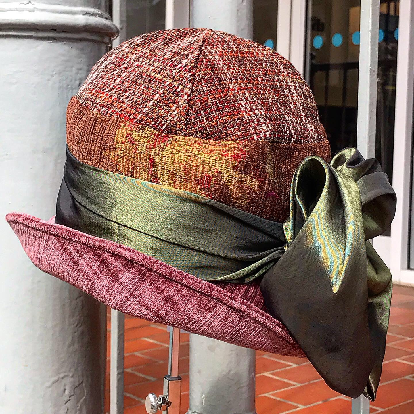 Vintage Tapestry Cloche hat Olive silk bow