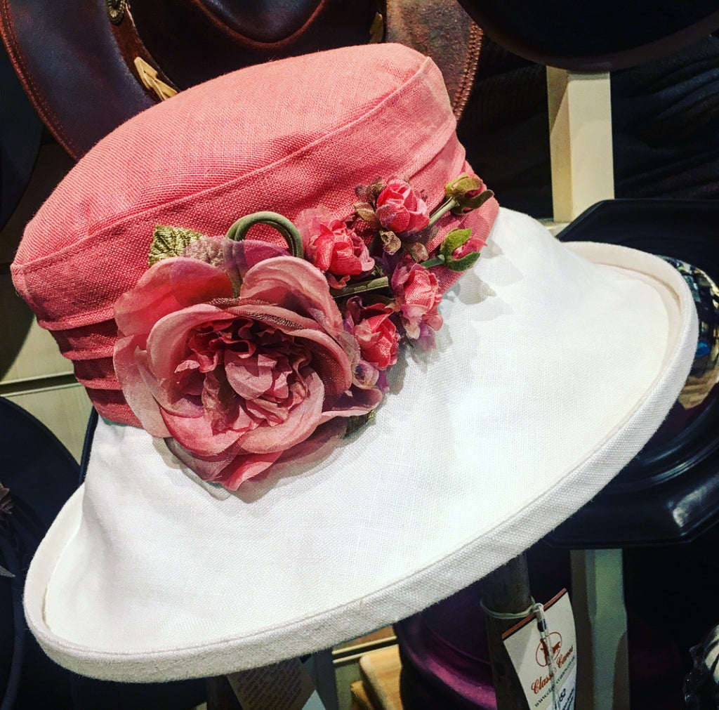 Linen Two Tone Cloche Hat with Roses