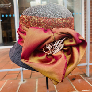 Elise Tapestry Cloche Hat With Wide Sash & Brooch
