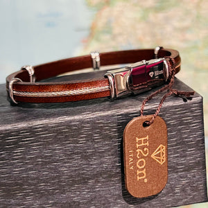 Brown Leather Bracelet with Central Steel Cable