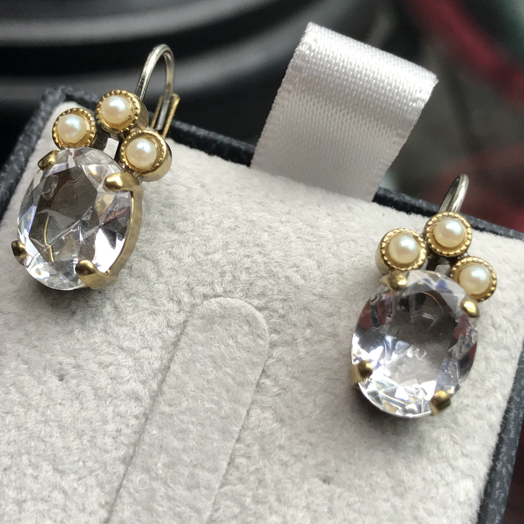 Earring - Triple Pearl Top Crystal Oval