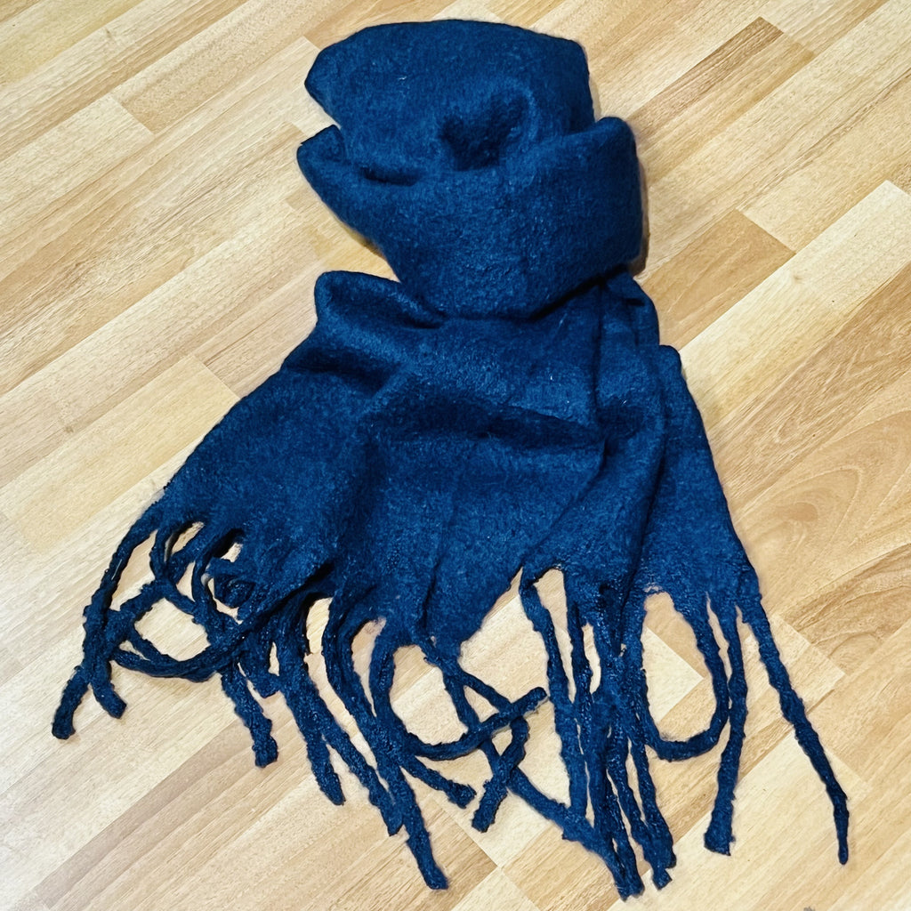 Cosy Long Fringed Navy Scarf