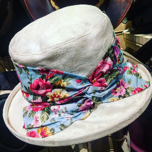 Linen Cloche Hat with Floral Ribbon Band