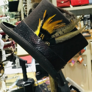 Brown Wool Top Hat with Leather & Feather Band