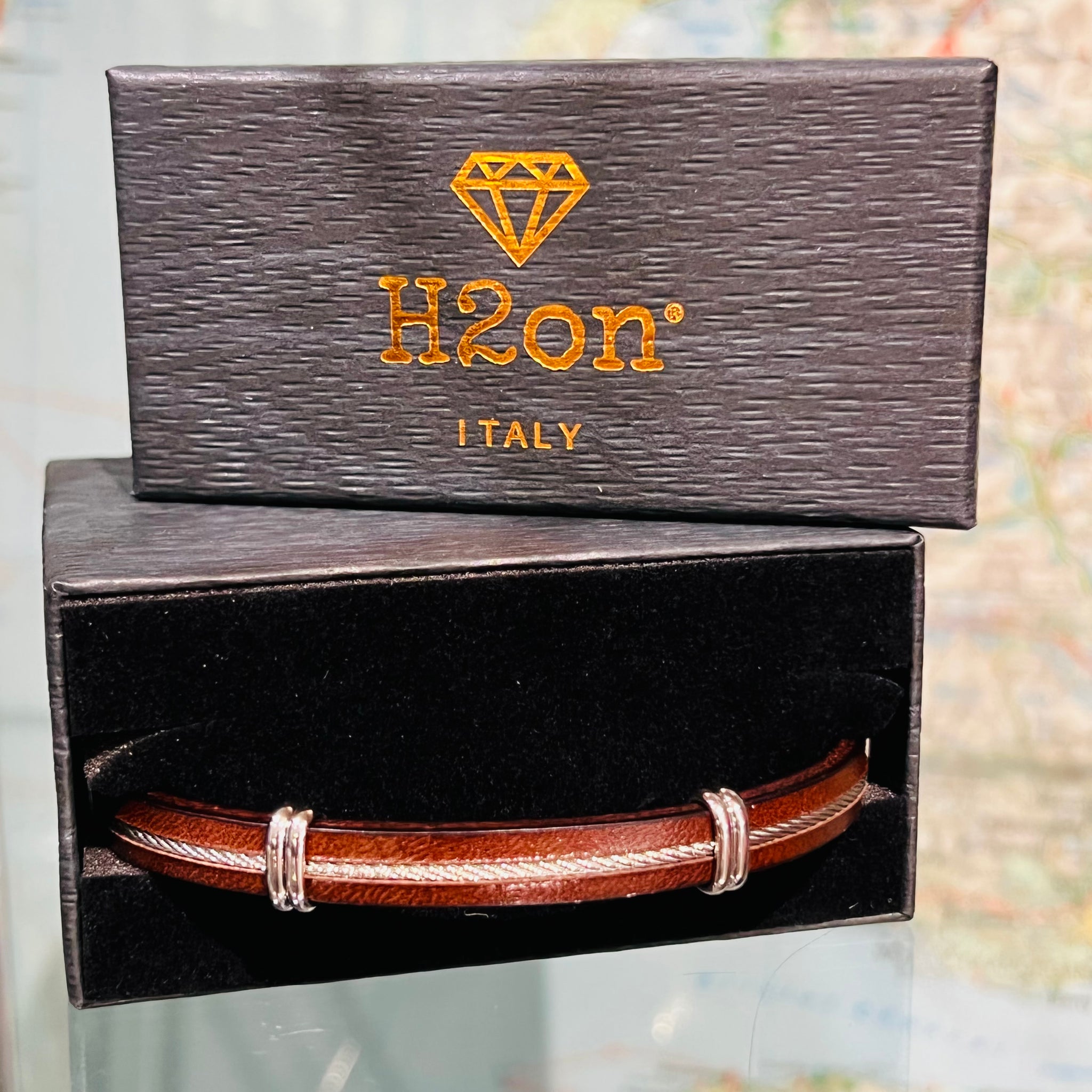 Brown Leather Bracelet with Central Steel Cable