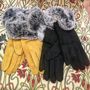 Suedette gloves with thick faux fur trim